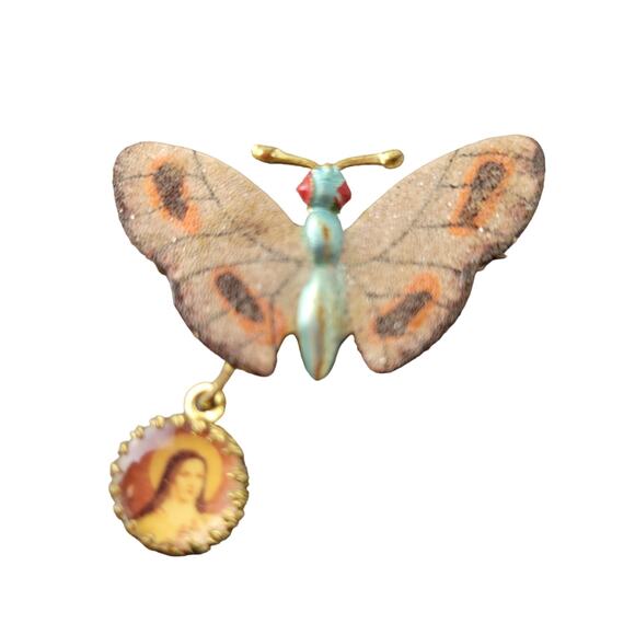 Vintage Butterfly Brooch Pin with Religious Dangling Medallion Charm 1.5" RARE - Picture 4 of 13